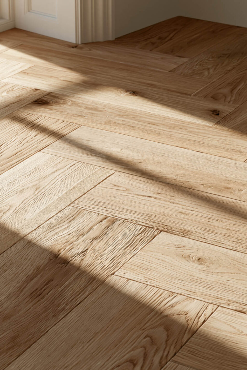 Closeup of pale oak herringbone flooring with visible grain, knots, brushed texture, and warm natural variation, crossed by long window shadows and soft golden sunlight beside a white paneled doorway