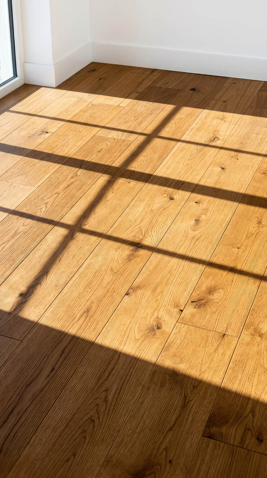 Natural wood plank flooring is bathed in warm sunlight, creating